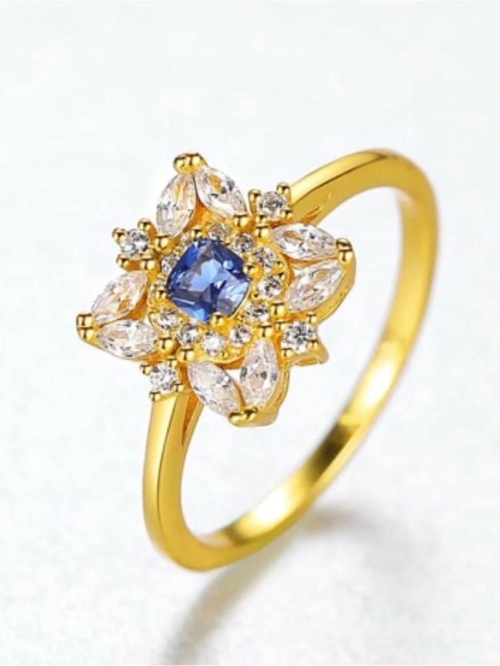 Gold-Plated Blue Sapphire Flower Halo Ring